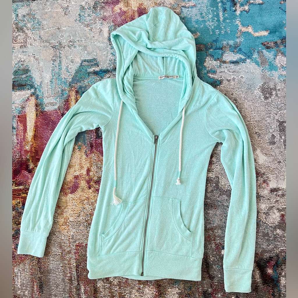 Chance Or Fate Turquoise Blue V Neck Zip Up Jacket Women's S Stretchy Slim Fit